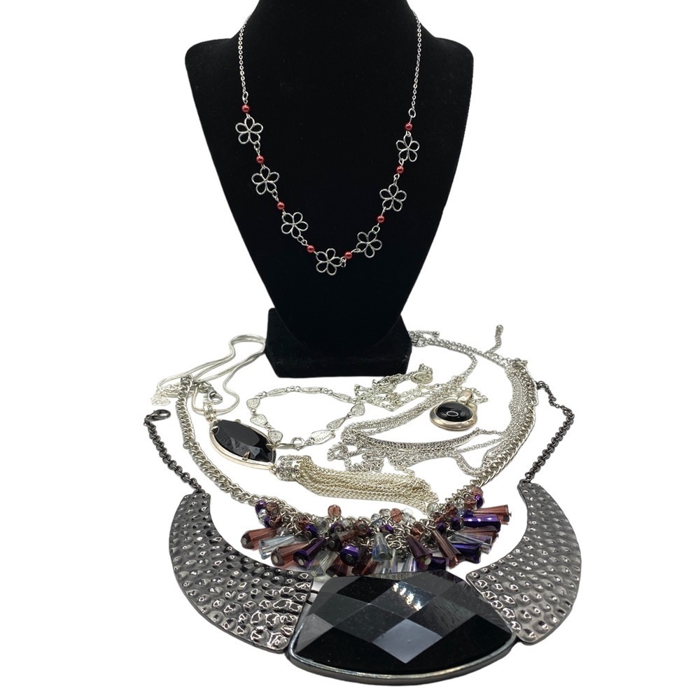 Necklace Bundle of Six Silver Tone Black + Bracelet